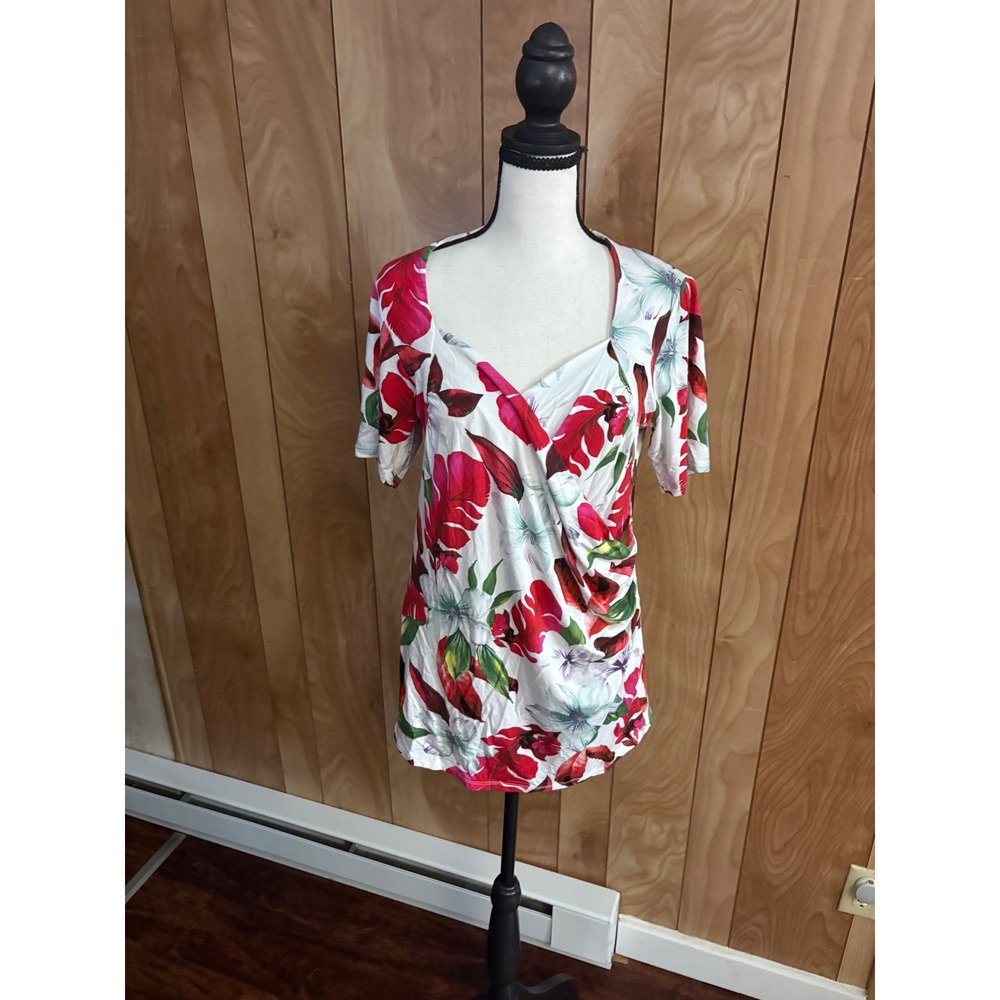 Golbary Tropical Floral Surplice Wrap Top Red White Short Sleeve Blouse XL 5